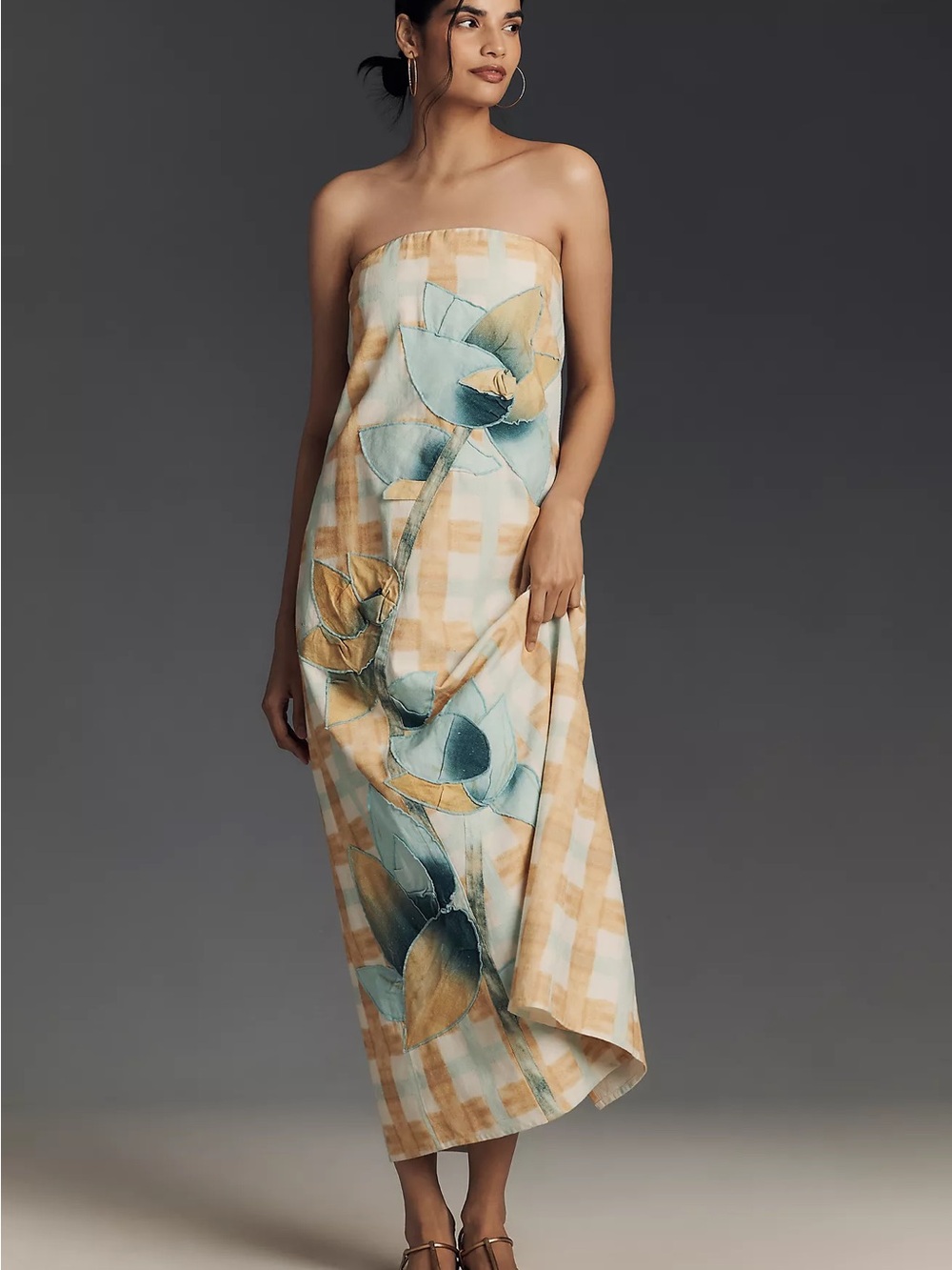 Anthropologie Strapless Floral Dress checkered size S linen